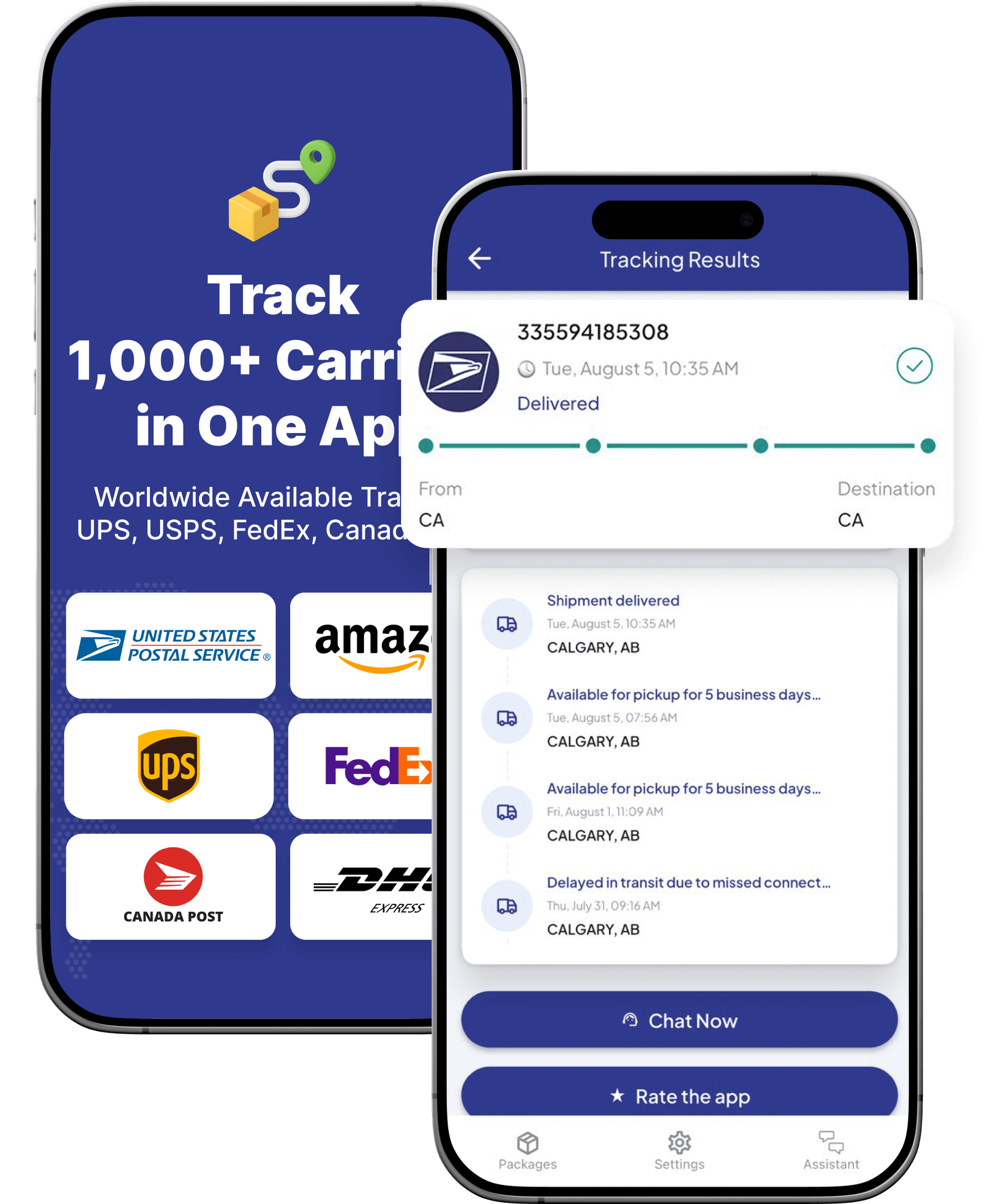 USTracking mobile app showing package tracking screens
