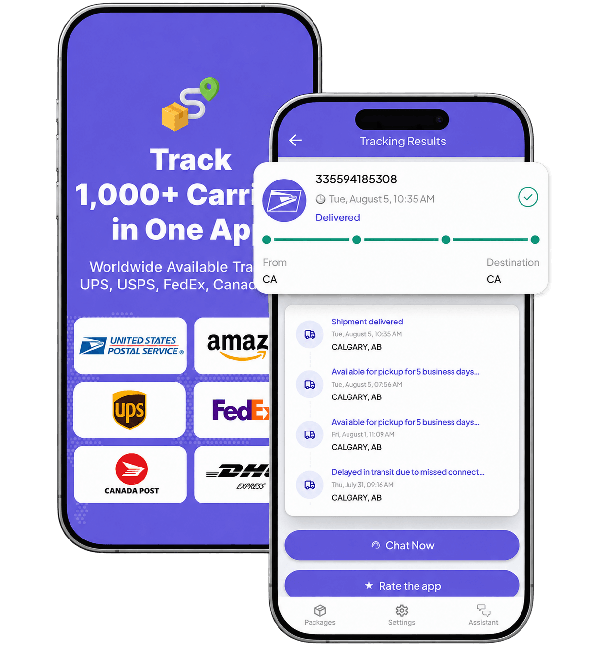 USTracking mobile app showing package tracking screens
